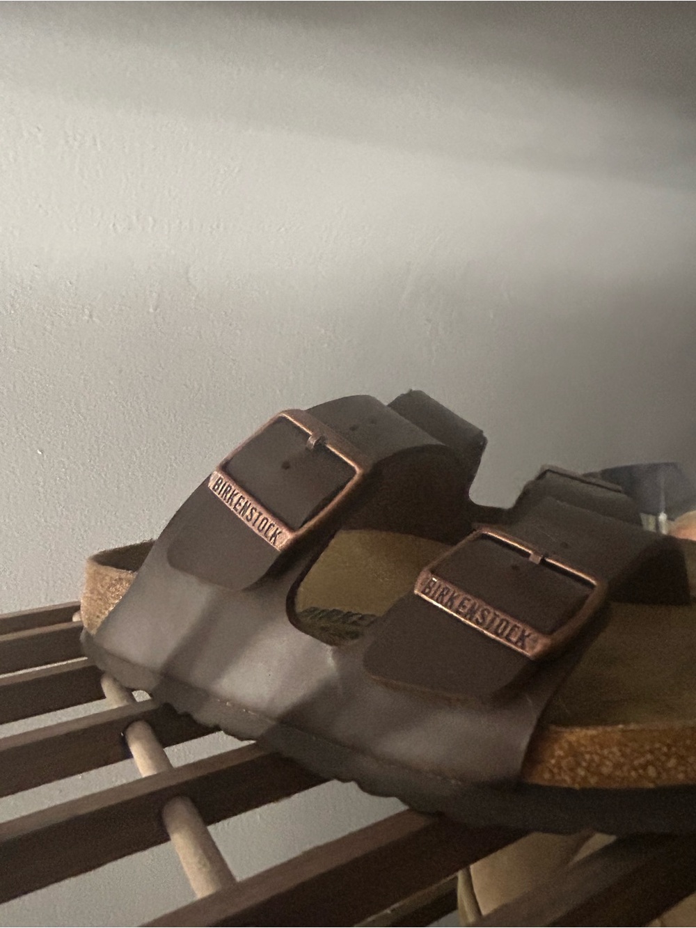 Birkenstock Arizona Two-Strap Sandals in Dark Brown with Copper Buckles
